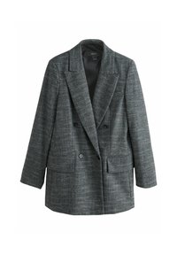 Grijze dubbelzijdige blazer van textuurstof, met piek-lapel, twee voorkruiden en zwarte knopenaccenten. Getailleerde pasvorm en gestructureerd ontwerp.