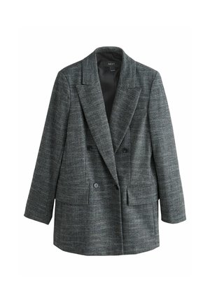 Šedý dvouřadý blazer s texturovanou tkaninou, špičatými klopami, dvěma předními kapsami a černými knoflíkovými akcenty. Přiléhavý střih a strukturovaný design.