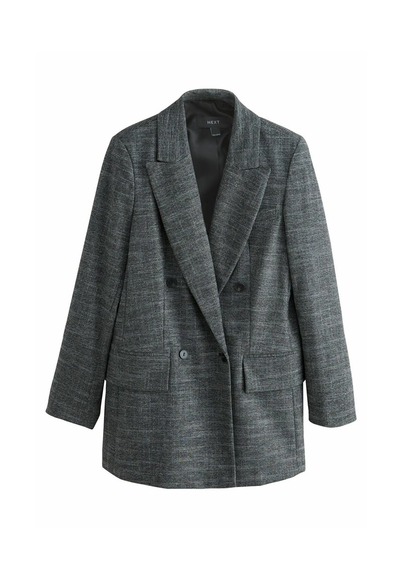 Grijze dubbelzijdige blazer van textuurstof, met piek-lapel, twee voorkruiden en zwarte knopenaccenten. Getailleerde pasvorm en gestructureerd ontwerp.