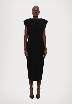 Schwarzes Kleid mit kurzen Ärmeln, tailliertem Oberteil und gerader, midi-langer Rock. Glatte Textur, minimalistisches Design und keine sichtbaren Muster.