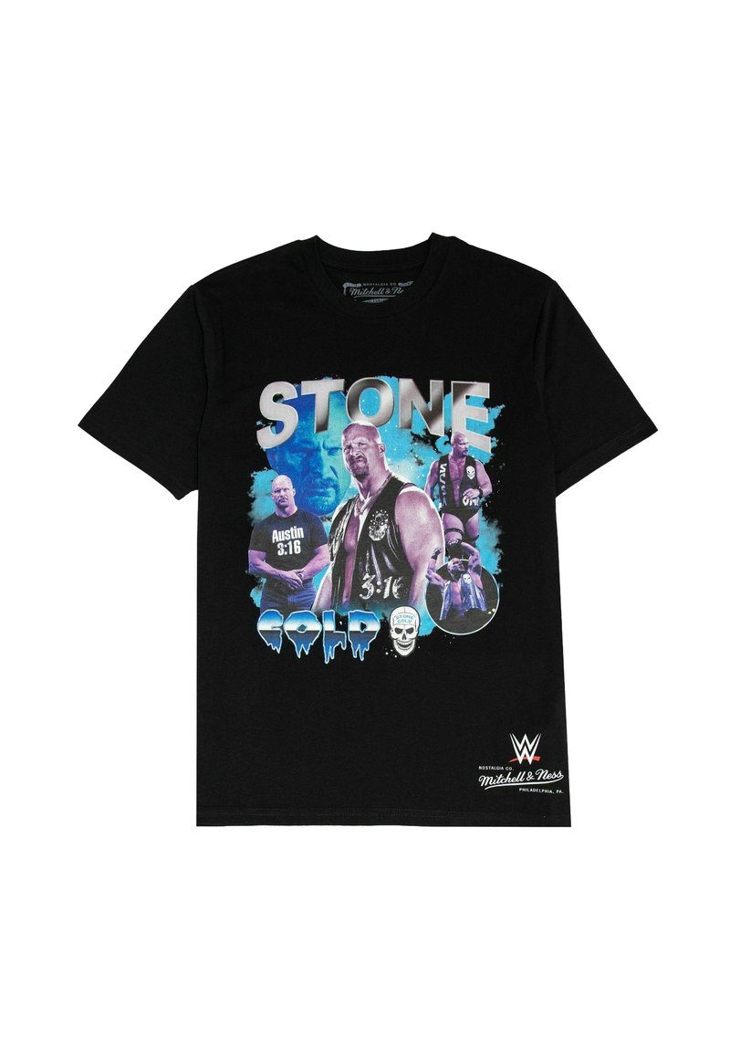 Schwarzes Baumwoll-T-Shirt mit einem mehrfarbigen Grafik eines Wrestlers. Der Text "STONE COLD" steht in fetten, eisigen Buchstaben mit Bildern des Wrestlers.