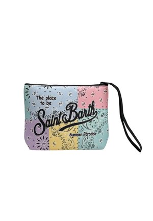 Piccola pochette da polso con motivo patchwork paisley in colori pastello e testo con la scritta "The place to be Saint Barth Summer Paradise."