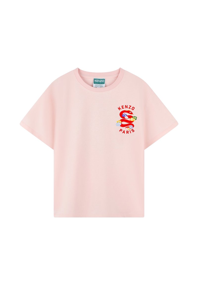 Lichtroze oversized T-shirt van katoen, met een kleurrijk grafisch ontwerp met de tekst "KENZO PARIS" op de voorkant, ronde halslijn en korte mouwen.