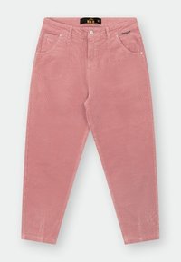 Roze corduroy broek met een hoge taille, vijf-pocket ontwerp en subtiele textuur. Voorzien van een knoopsluiting en riemlussen.