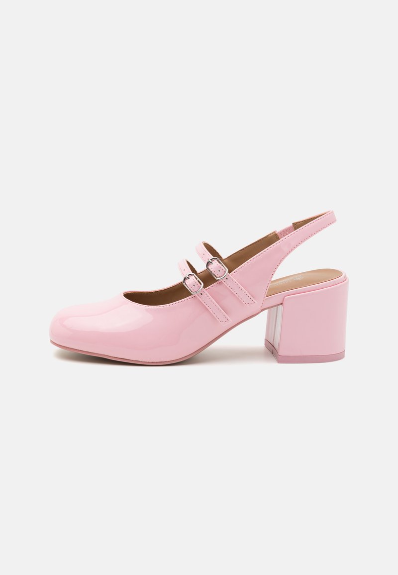 Pink patent leather slingback shoe with two adjustable straps, round toe, and chunky block heel with a clear accent. Smooth, glossy texture.