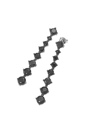 Black drop earrings featuring round faceted stones in a linear arrangement, set in metallic hardware with a polished finish.