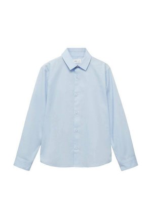 Chemise à manches longues bleu clair avec un col pointu et une fermeture à boutons. Fabriquée en tissu lisse, elle dispose de poignets boutonnés et d'un ourlet droit.