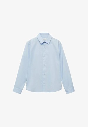 Chemise à manches longues bleu clair avec un col pointu et une fermeture à boutons. Fabriquée en tissu lisse, elle dispose de poignets boutonnés et d'un ourlet droit.