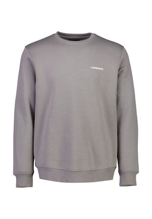 Grijze sweatshirt van zacht materiaal, met een ronde hals, geribbelde manchetten en een klein wit logo op de borst. Eenvoudig, strak ontwerp.