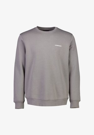 Grijze sweatshirt van zacht materiaal, met een ronde hals, geribbelde manchetten en een klein wit logo op de borst. Eenvoudig, strak ontwerp.