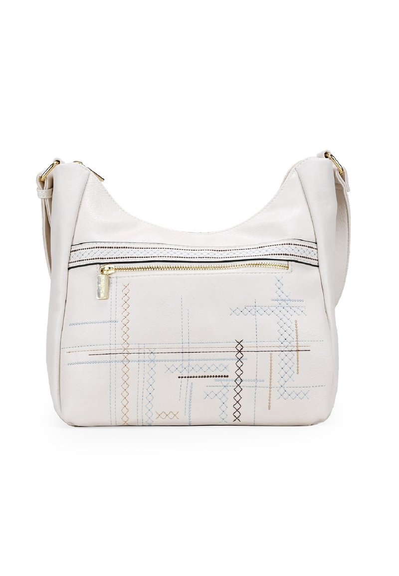 Bolso de cuero blanco para el hombro con un bolsillo frontal con cremallera, que presenta patrones de costura multicolores en azul, marrón y negro. Textura suave.