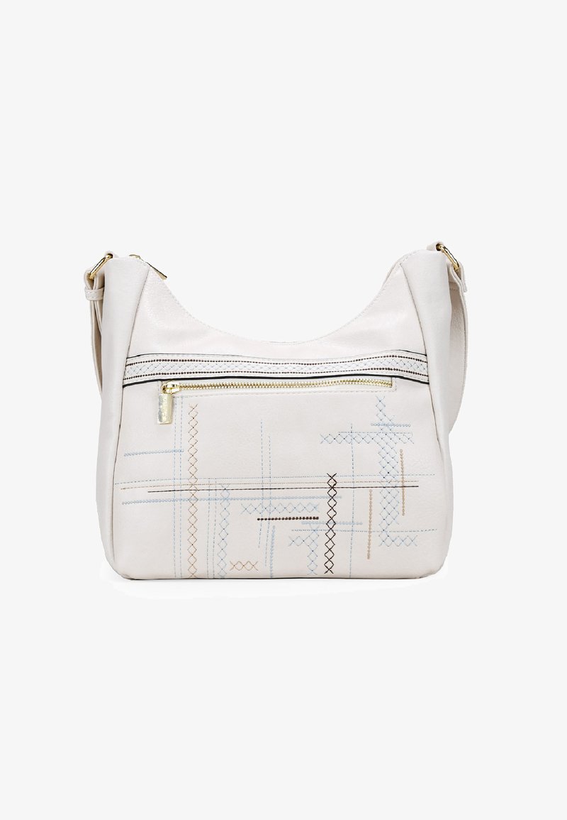 Bolso de cuero blanco para el hombro con un bolsillo frontal con cremallera, que presenta patrones de costura multicolores en azul, marrón y negro. Textura suave.