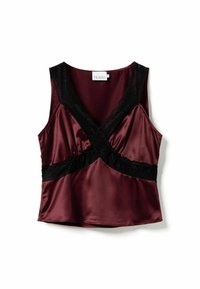 Ärmløs satin top i mørk burgunder med sort blonderkant, der krydser på fronten og rundt om taljen, lagt fladt på hvid baggrund.