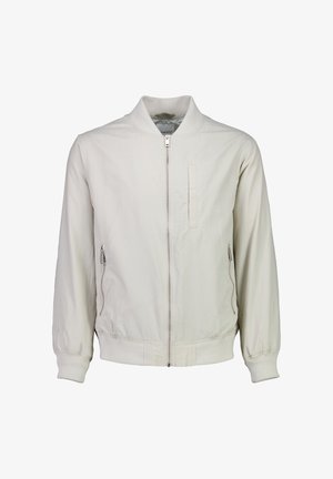 Jasnobeżowa bomberka wykonana z gładkiego materiału, z zamkiem błyskawicznym z przodu, bocznymi kieszeniami i ściągaczami na mankietach. Prosty, czysty design o luźnym kroju.