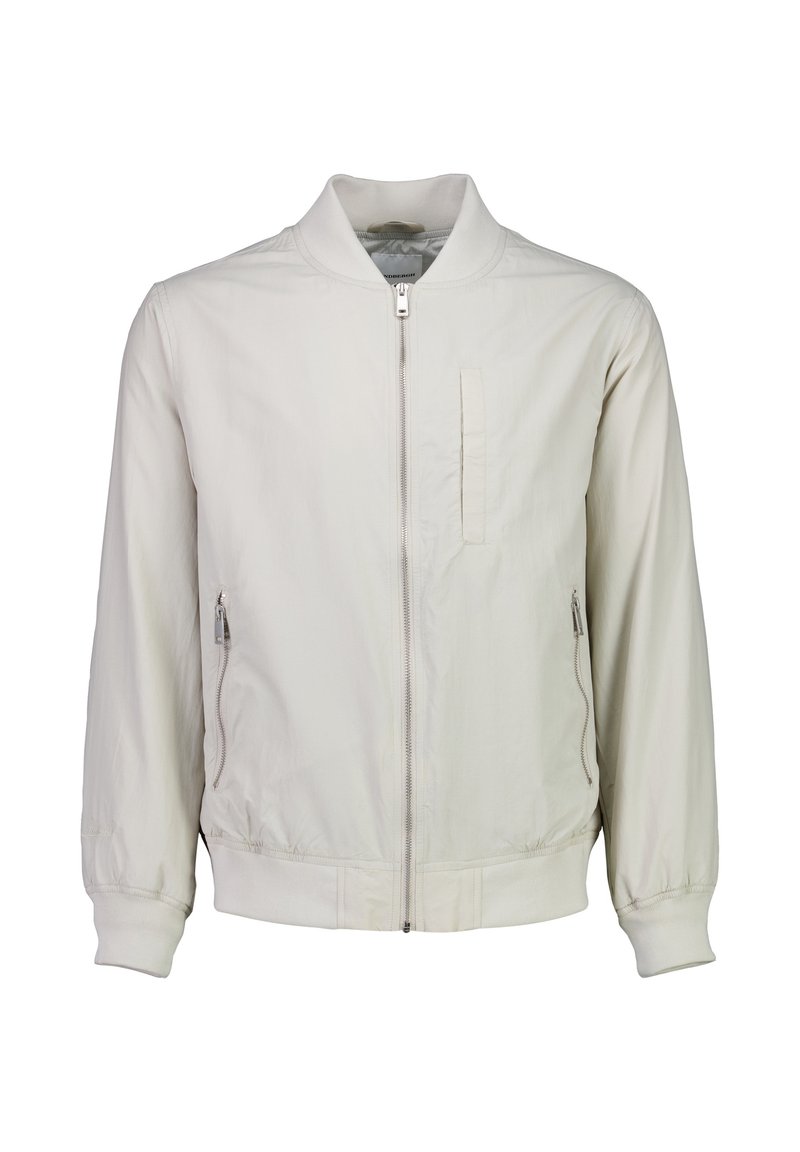 Helle beige Bomberjacke aus glattem Stoff, mit einem Reißverschluss vorne, Seitentaschen und gerippten Bündchen. Einfaches, sauberes Design mit lockerer Passform.