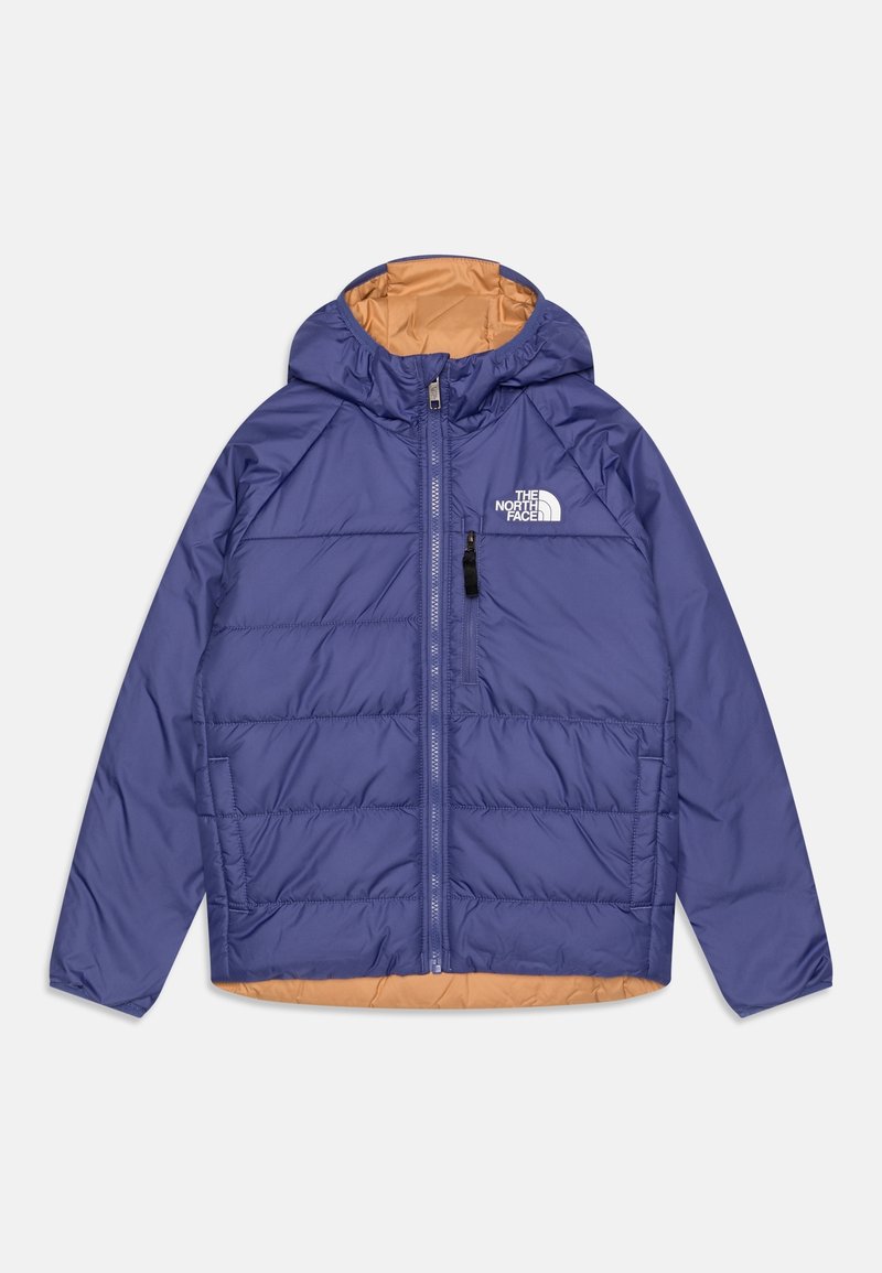 Purple hooded puffer jacket with front zipper, chest pocket, and orange lining, featuring The North Face logo on the chest.
