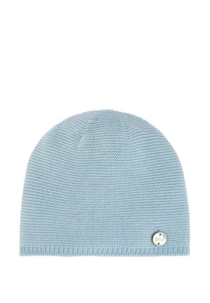 Bonnet tricoté bleu clair avec texture côtelée horizontale et une petite étiquette métallique ronde embossée du mot « paz » près de l'ourlet.