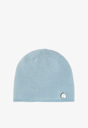 Bonnet tricoté bleu clair avec texture côtelée horizontale et une petite étiquette métallique ronde embossée du mot « paz » près de l'ourlet.