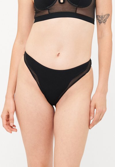 Sorte bikiniunderdele med et minimalistisk design, lavet af glat stof med mesh-detaljer på siderne og en lavtaljet pasform.
