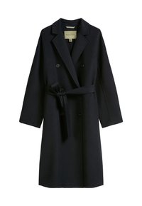 Dark navy trench coat made of wool blend, featuring a double-breasted design, wide lapels, and a waist tie. Buttons are circular and black.