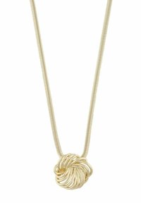 Guldfärgad metal halsband med en snodd knut hänge. Kedjan är slät och flexibel, medan hänge har en lagerpålagd, spiralformad design.