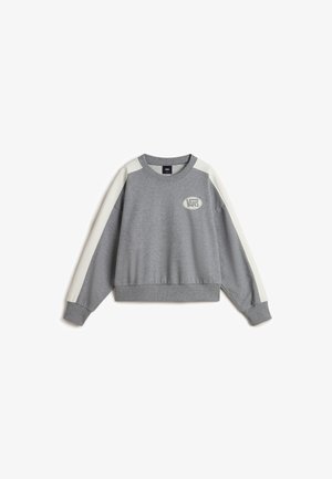 Felpa grigia con accenti bianchi sulle spalle, polsini e orlo a costine. Presenta un colletto rotondo e un logo Vans sul davanti.