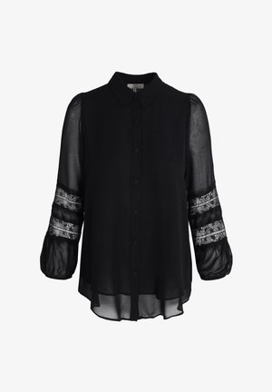 Zwarte blouse met een kraag, knoopsluiting aan de voorkant en semi-doorzichtige lange mouwen met kantaccenten en geplooide details.