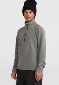 Grijze fleece half-zip pullover met een hoge kraag, voorzien van een zwarte ritssluiting en merkdetails. De stof heeft een zachte, gestructureerde uitstraling.