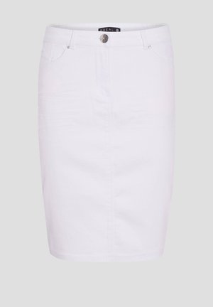Jupe crayon en denim blanc avec une fermeture à boutons sur le devant, deux poches et une texture lisse. Longueur genou et design classique.