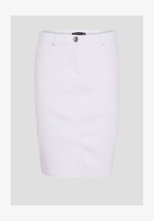Jupe crayon en denim blanc avec une fermeture à boutons sur le devant, deux poches et une texture lisse. Longueur genou et design classique.