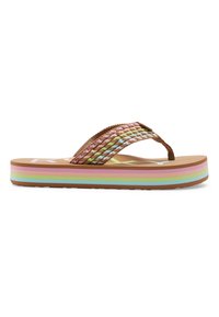 Vävd flip-flop sandal med ett brunt band som har pastellfärger i rosa, grönt och blått. Tjock, randig sula med flera färger.