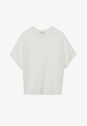 Fehér, rövid ujjú póló széles kerek nyakkivágással és textúrázott, bordás mintával, puha anyagból készült, laza fazonú és letisztult dizájnú.