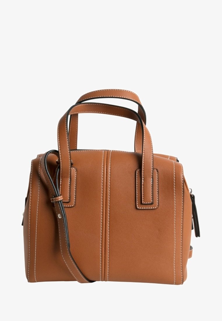 Sac à main en cuir tan avec des coutures blanches contrastantes, double poignée supérieure et une bandoulière amovible. Forme rectangulaire avec un design structuré.