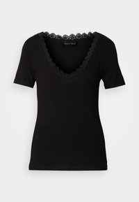 Schwarzes kurzärmeliges V-Ausschnitt-T-Shirt für Frauen mit Spitzenbesatz am Ausschnitt, taillierter Schnitt und Anna Field-Label im Kragen.