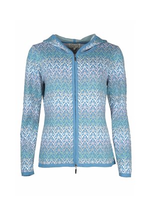 Kapuze mit Reißverschluss in Blau und hellem Rosa Ombre-Muster, ausgestattet mit filigranen Blumenmustern, aus weichem, strukturiertem Stoff gefertigt.