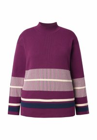 Maglione a collo alto viola con strisce orizzontali in crema e blu navy, con una consistenza a coste e un fit rilassato.