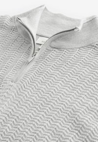 Helles graues Zip-Pullover mit einem strukturierten Zickzackmuster, ausgestattet mit einem gerippten Kragen und Bündchen, gefertigt aus einem weichen Strickmaterial.