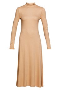Beige pitkähihaiset, ribattu poolopaita mekko. Ominaisuuksiin kuuluu istuva yläosa ja levenevä, nilkkapituinen hame. Sujuva, tekstuuri materiaali.