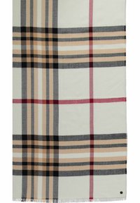 Rutet tørklæde i beige, sort, grå og røde nuancer. Blødt stof med frynset kanter, der har et klassisk skotsk mønster.