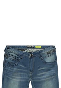 Donkerblauwe denim jeans met vervaagde plekken, vijf zakken ontwerp, metalen knoopsluiting en contrasterende stiksels. Etiket leest "Cars Jeans."