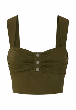 Top corto verde oliva con spalline spesse, caratterizzato da un design arricciato e tre bottoni metallici sul fronte per dettagli decorativi.