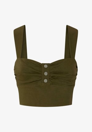 Top recortado de color verde oliva con tirantes gruesos, que presenta un diseño fruncido y tres botones de metal en la parte frontal como detalles decorativos.