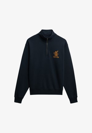 Mørkeblå lynlås sweatshirts med høj krave, med orange broderi af et logo. Fremstillet af blødt stof med ribkantede manchetter og nederkant.
