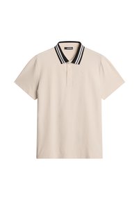 Beige pikétröja med krage i svart och vitt randigt mönster, kort ärm och liten logotyp på bröstet. Mjuk tyg med en klassisk design.