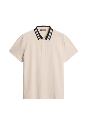 Beige polo shirt met een zwart-wit gestreepte kraag, korte mouwen en een klein logo op de borst. Gladde stof met een klassiek ontwerp.