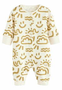 Cream-colored baby onesie with gold sun, cloud, and smiley face patterns. Features snap buttons and long sleeves with cuffed wrists.