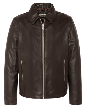 Chaqueta de cuero marrón oscuro para hombre con cremallera frontal, bolsillos laterales con cremallera y cuello puntiagudo, con etiqueta de la marca Schott en el interior del cuello.