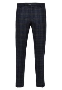 Tmavě modré a černé kostkované kalhoty na míru se slim fit střihem a rovnou přední částí.