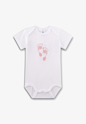 Weißer Baby-Body aus Baumwolle mit rosa Fußabdruck-Motiven auf der Vorderseite, kurzen Ärmeln und Druckknöpfen am unteren Teil für einfaches An- und Ausziehen.