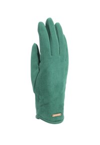 Guanto in suede verde con una texture liscia, caratterizzato da cuciture a vista e un piccolo dettaglio metallico al polso. Design classico a cinque dita.